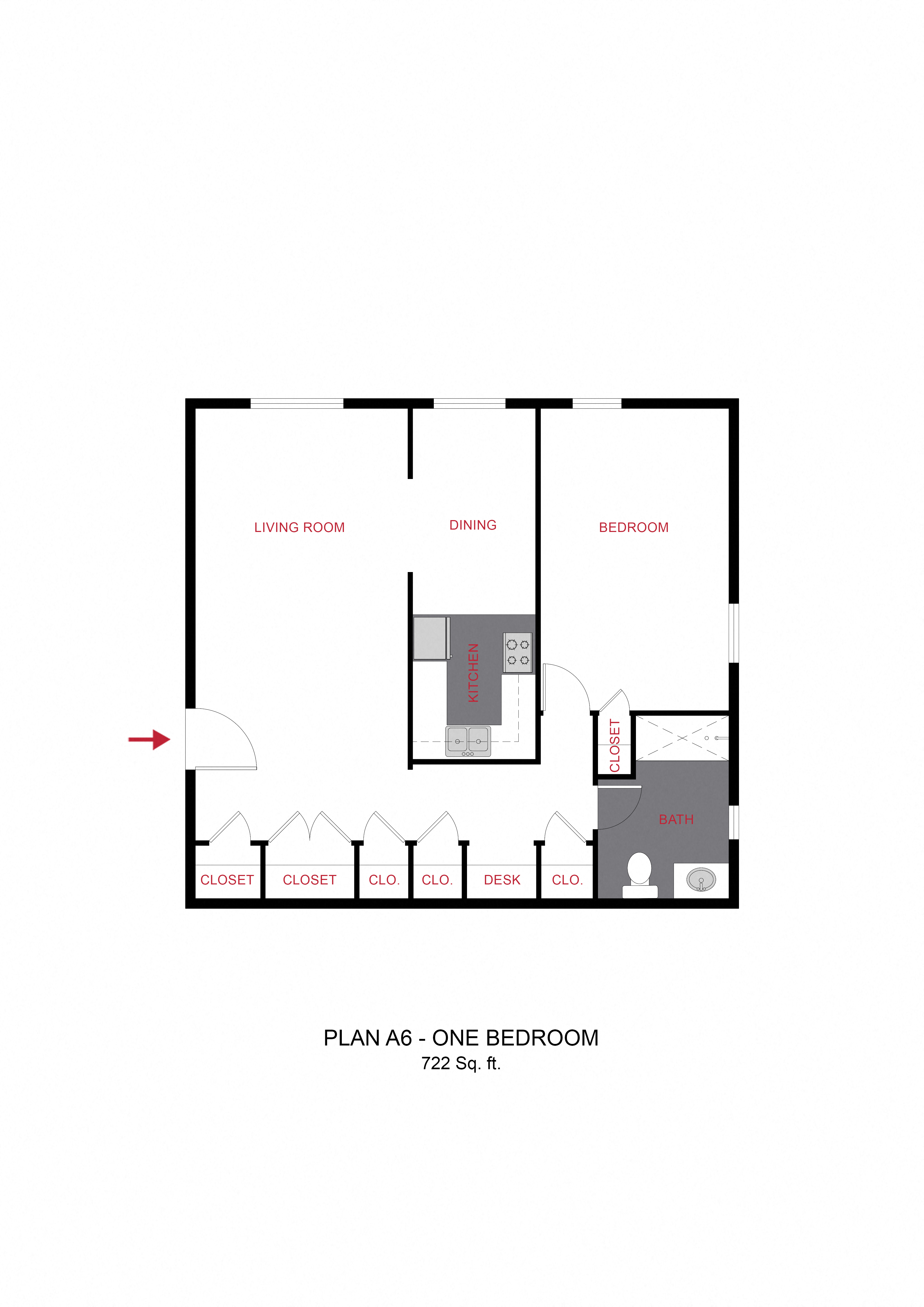 Floor plan for 1 bed, 1 bath, 670 sqft